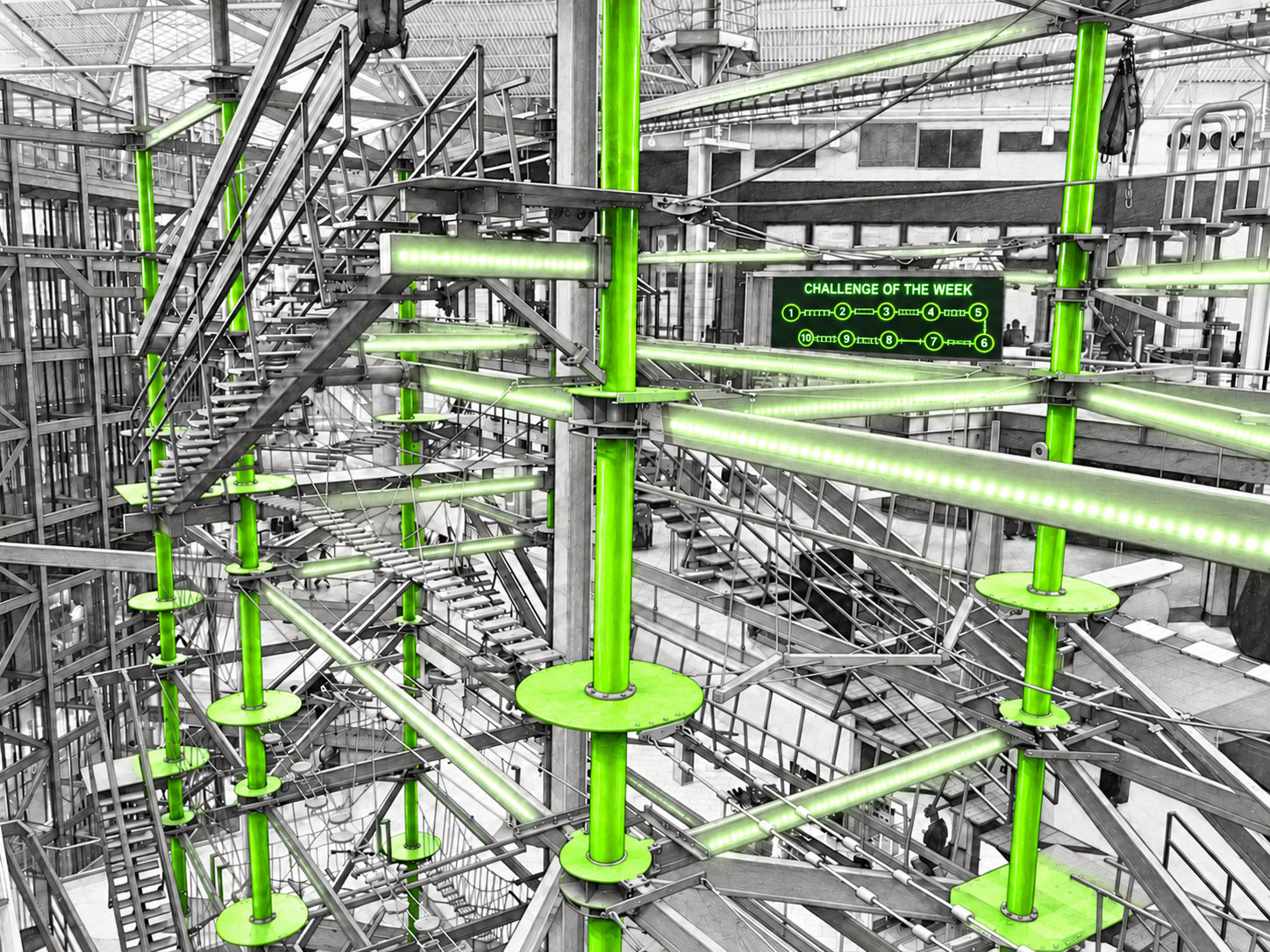 Palisades Climb ropes course with highlighted supports and challenge lighting